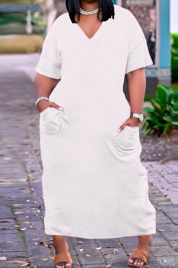 Vestido de manga corta con cuello en V y bolsillo sólido de talla grande casual blanco de moda