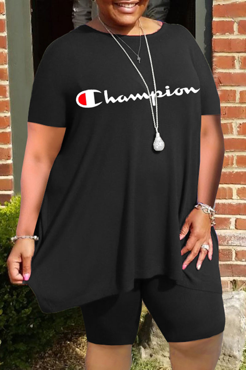 

Black Fashion Casual Print Letter O Neck Plus Size Two Pieces