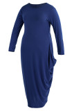 Vestido azul casual sólido patchwork assimétrico com decote em O irregular vestidos tamanho grande