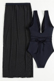 Conjunto de trajes de banho preto sexy sólido vazado transparente sem costas com fenda (com enchimentos)