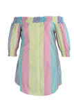 ピンクイエローカジュアルキュートなストライププリントオフショルダーストレートプラスサイズのドレス
