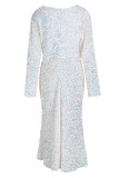 ホワイト エレガント ソリッド スパンコール パッチワーク V ネック イブニング ドレス プラス サイズ ドレス