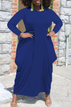 Vestido azul casual sólido patchwork assimétrico com decote em O irregular vestidos tamanho grande