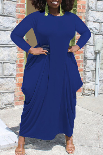 Blaues, lässiges, festes, asymmetrisches Patchwork-Kleid mit O-Ausschnitt, unregelmäßiges Kleid in Übergröße