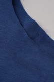 Diepblauwe sexy straatprint kwastje patchwork T-shirts met V-hals