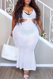 Weiße Mode Sexy Plus Size Solide ausgehöhltes ärmelloses Kleid mit V-Ausschnitt