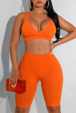 Orange Lässige Sportbekleidung Einfarbig Basic V-Ausschnitt Ärmellos Zweiteiler