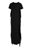 Черные повседневные платья с юбкой-карандашом и круглым вырезом с кисточками