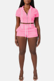 Pink Fashion Casual Solid Basic Kapuzenkragen Kurzarm Zweiteiler