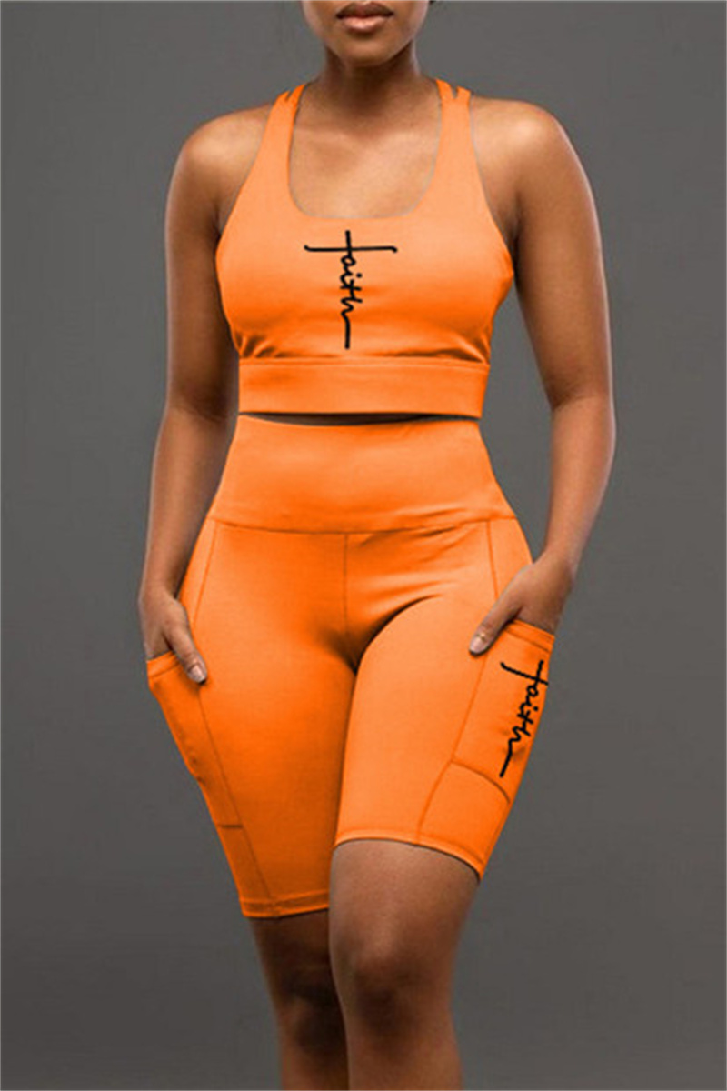 

Orange Casual Street Print Backless U Neck Sleeveless Two Pieces