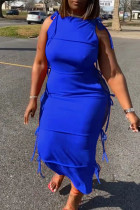 Blauwe sexy effen uitgeholde patchwork frenulum O-hals rechte jurken