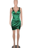 Green Sexy Solid Patchwork Fold Asymmetrical Spaghetti Strap One Step Skirt Dresses