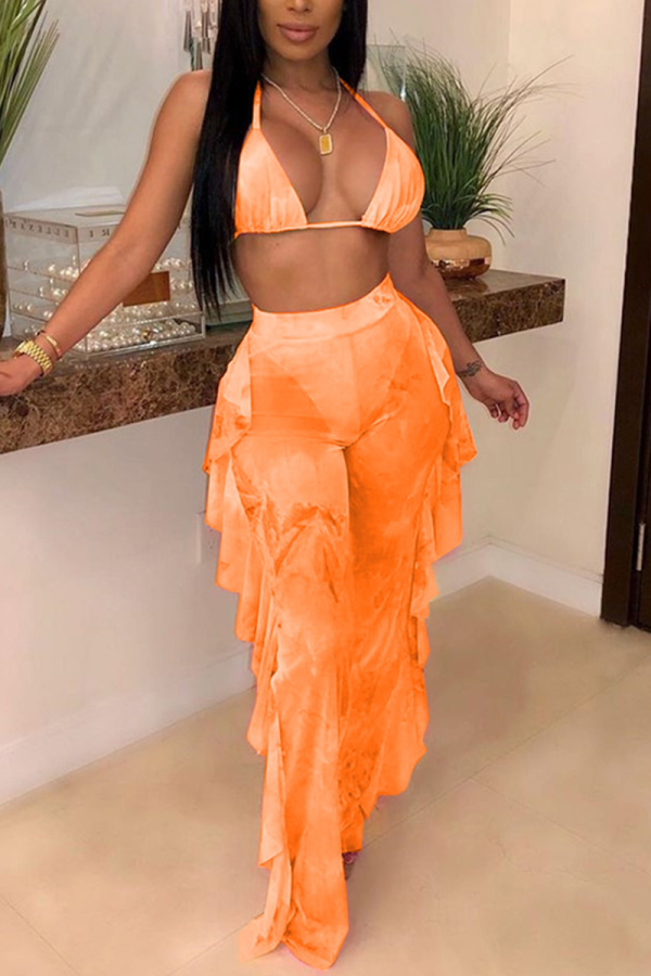 Oranje sexy tweedelige badpak met mesh-print