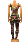 Black Sexy Print Hollowed Out Patchwork U Neck Sleeveless Two Pieces