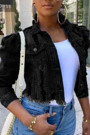 Black Fashion Casual Street Solid Ripped Make Old Patchwork Buckle Turndown Collar Puff Sleeve Regular Raw Hem Cropped Denim Jacket
