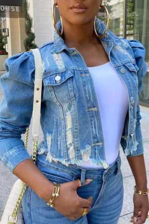 Blue Fashion Casual Street Solid Ripped Make Old Patchwork Buckle Turndown Collar Puff Sleeve Regular Raw Hem Cropped Denim Jacket