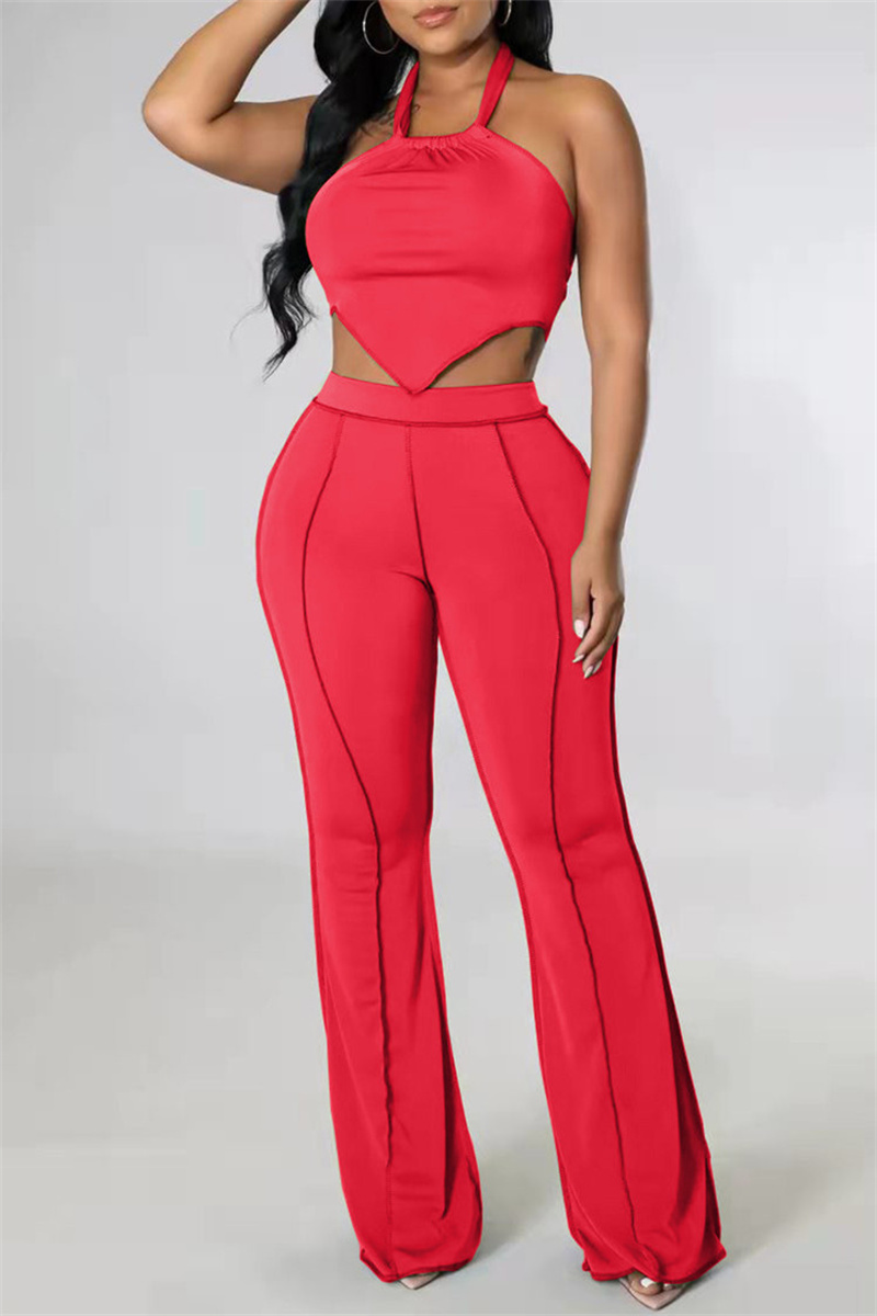 

Red Sexy Casual Solid Bandage Backless Halter Sleeveless Two Pieces