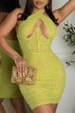 Green Yellow Sexy Solid Patchwork Backless Halter Pencil Skirt Dresses