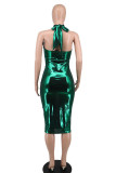 Green Fashion Sexy Solid Bandage Hollowed Out Backless Halter Sleeveless Dress