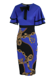 Синий винтажный принт с воланами и круглым вырезом Платья-юбка-карандаш