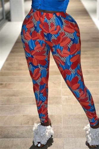 Tangerine Red Fashion Casual Print Basic Skinny High Waist Pencil Trousers