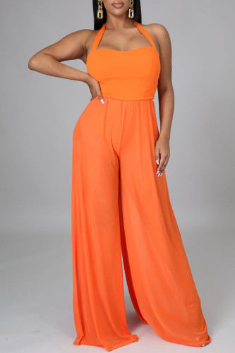Tangerine Red Sexy Solid Patchwork Halter Regular Jumpsuits