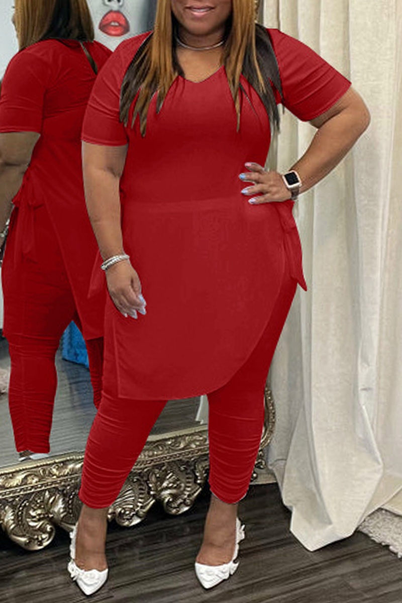 

Red Fashion Casual Solid Bandage Slit Asymmetrical O Neck Plus Size Two Pieces