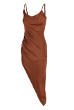 Robe fronde asymétrique à col en V et dos nu sexy à la mode marron rouge
