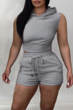 Grey Sexy Solid Patchwork Backless Hooded Collar Sleeveless Two Pieces