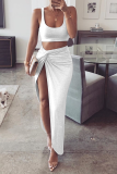 White Sexy Solid Slit Square Collar Sleeveless Two Pieces
