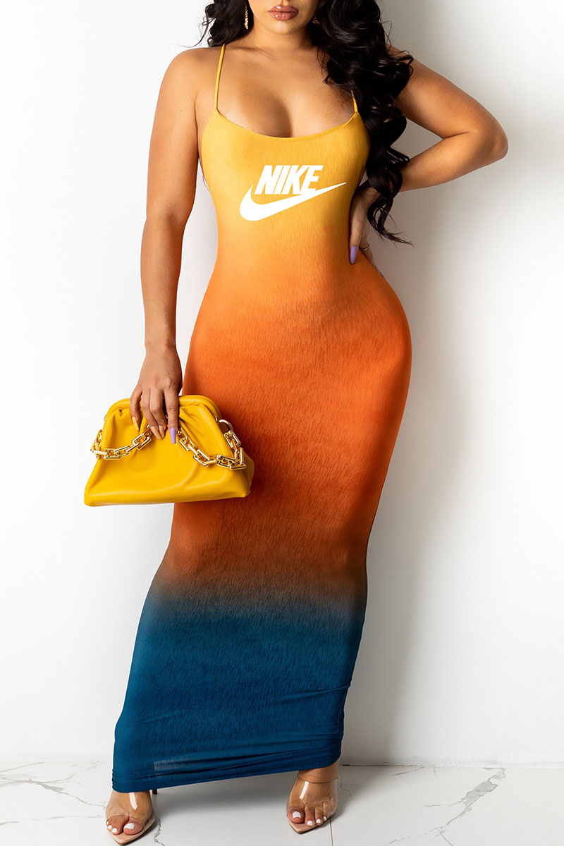 

Orange Fashion Casual Print Split Joint Spaghetti Strap One Step Skirt Dresses
