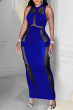 Deep Blue Sexy Solid Hollowed Out Patchwork See-through O Neck One Step Skirt Dresses