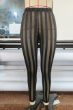 Black Sexy Striped Print Patchwork See-through High Waist Pencil Solid Color Bottoms