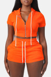 Orange Fashion Casual Solid Basic Kapuzenkragen Kurzarm Zweiteiler