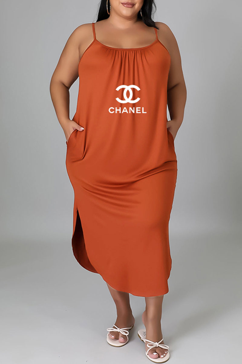 

Orange Fashion Casual Print Letter Spaghetti Strap One Step Skirt Plus Size Dresses
