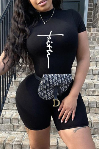 Black Fashion Casual Print Basic Turtleneck Skinny Rompers