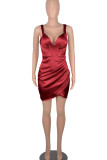Red Sexy Solid Patchwork Fold Asymmetrical Spaghetti Strap One Step Skirt Dresses