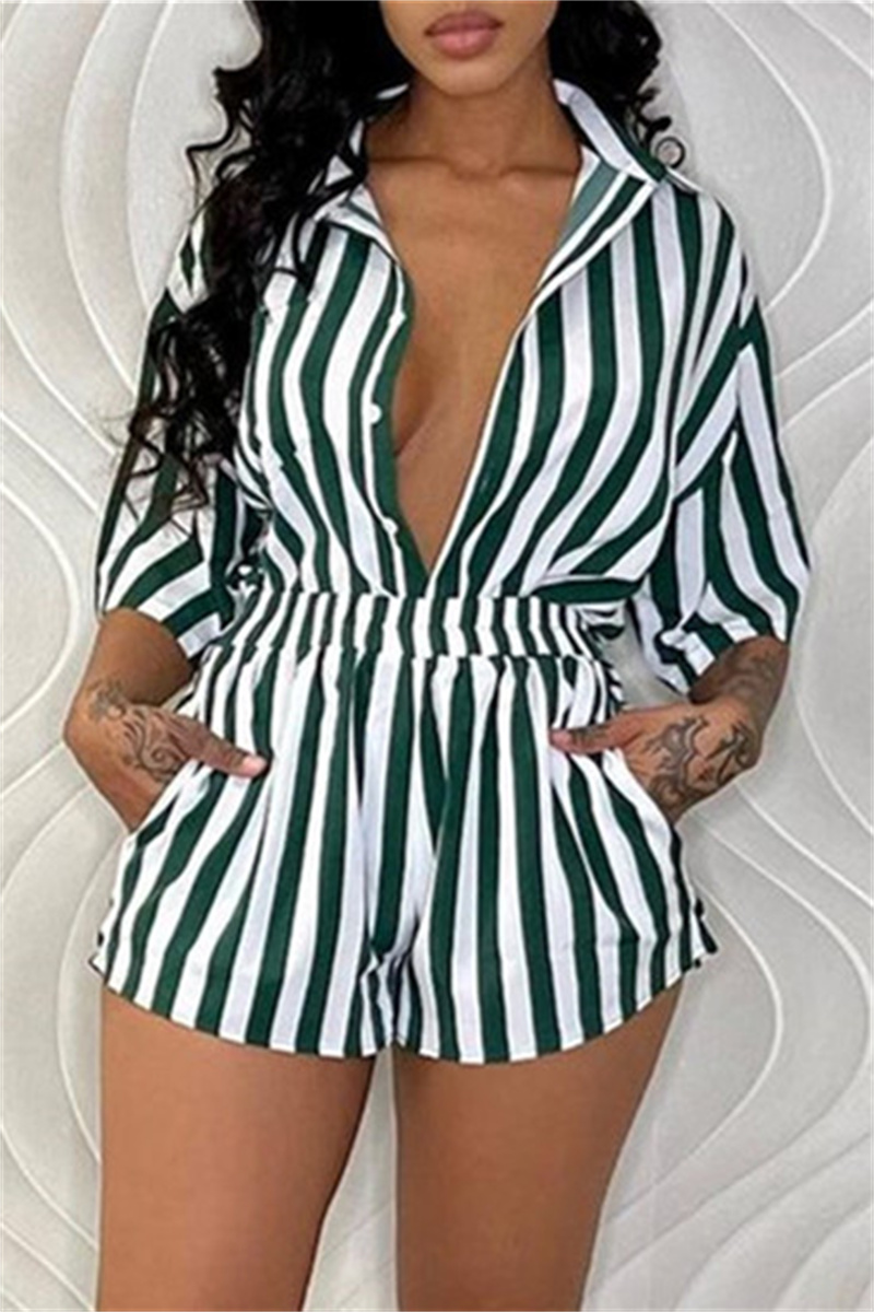 

Green Fashion Casual Striped Print Basic Turndown Collar Short Sleeve Two Pieces