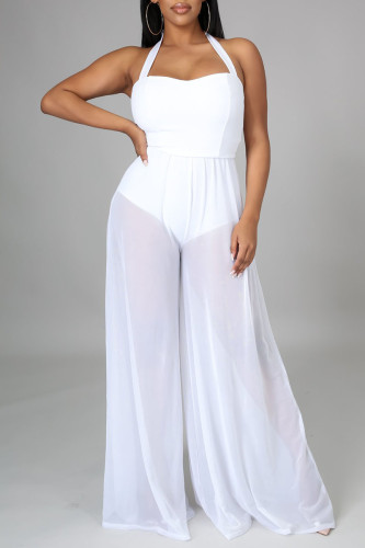 White Sexy Solid Patchwork Halter Regular Jumpsuits