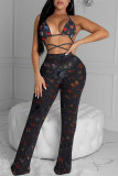 Rose Red Sexy Print Patchwork Flounce Halter Sleeveless Two Pieces