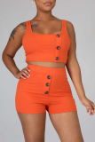 Tangerine Red Sexy Solid Patchwork Square Collar Sleeveless Two Pieces