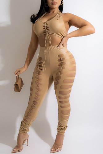Brown Fashion Sexy Bandage Hollowed Out Backless Halter Sleeveless Two Pieces