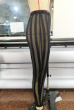 Zwart sexy gestreepte print patchwork doorzichtige hoge taille potlood effen kleur broek