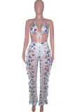 White Sexy Print Patchwork Flounce Halter Sleeveless Two Pieces