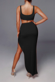Black Sexy Solid Slit Square Collar Sleeveless Two Pieces