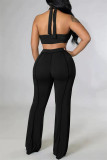 Black Sexy Casual Solid Bandage Backless Halter Sleeveless Two Pieces