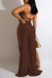 Brown Sexy Solid Patchwork Slit Halter Straight Jumpsuits