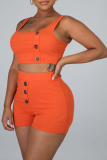 Tangerine Red Sexy Solid Patchwork Square Collar Sleeveless Two Pieces