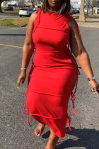 Röda sexiga solida ihåliga lapptäcken Frenulum O-hals raka klänningar
