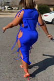 Blauwe sexy effen uitgeholde patchwork frenulum O-hals rechte jurken